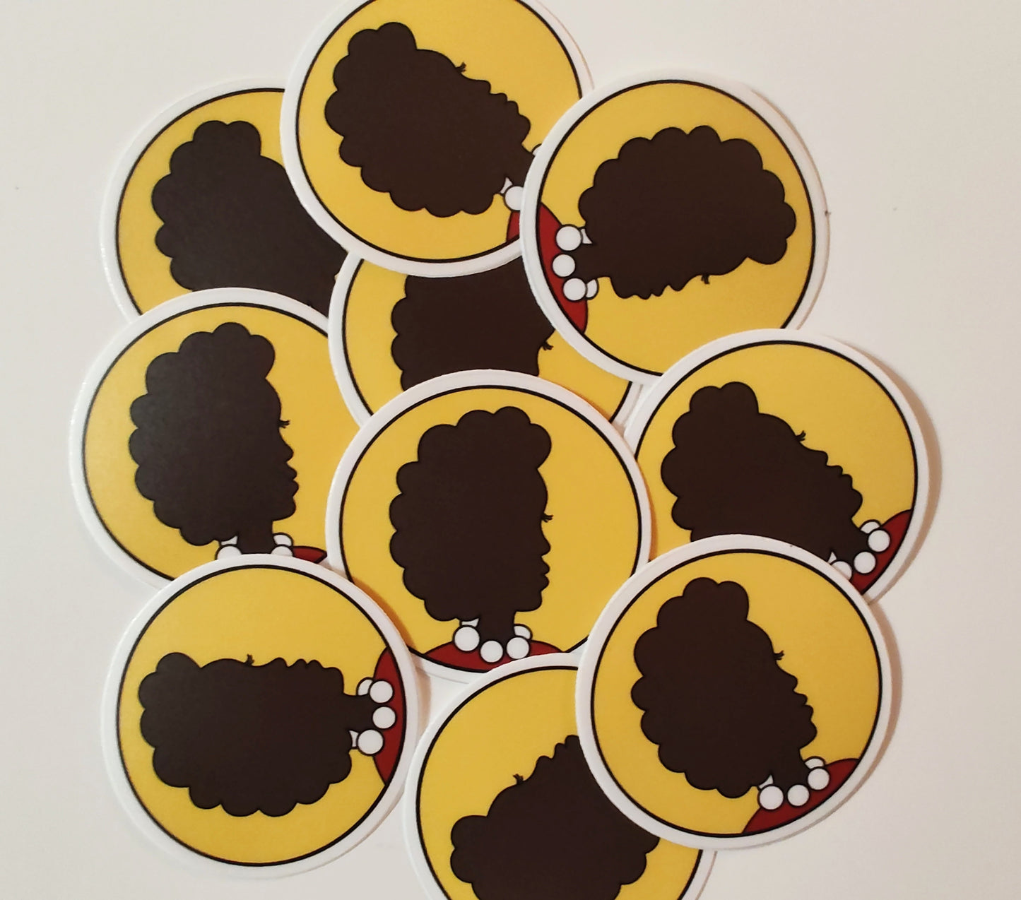 Woman with Afro and Pearls and Yellow Background (Vinyl Sticker)